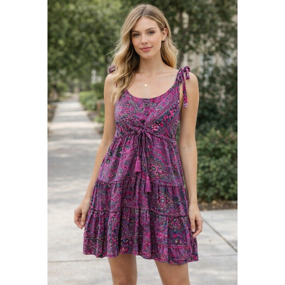 Bohetic Boho‎ Paisley Tiered Dress Tie Shoulder Tassels Pink Teal Viscose